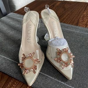 MACKIN J Women's Clear Slingback Heels w/Pointed Toe & Rhinestone Detail, Sz 8